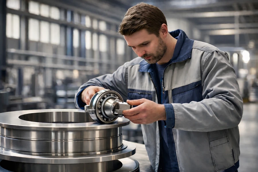 A factory worker carefully installs a large ball bearing into a metal machine part in an industrial workshop.