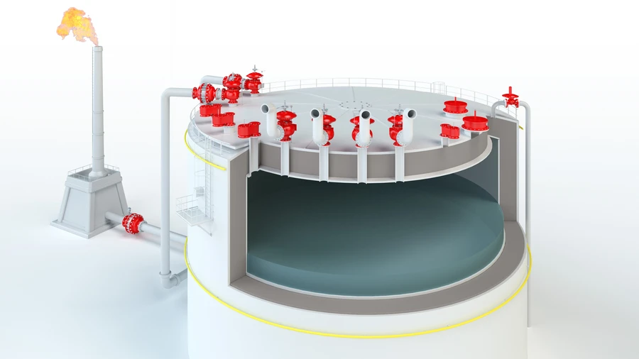 Representación 3D en corte de un gran tanque de almacenamiento cilíndrico con techo flotante, en la que se aprecian varios equipos rojos de ventilación y seguridad en la parte superior, conectados mediante tuberías a una antorcha de combustión.