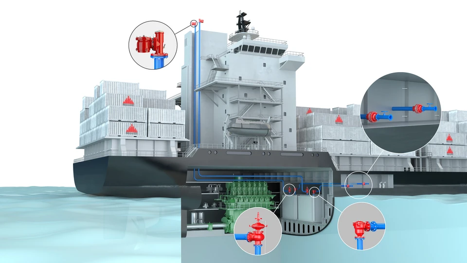 Methanolbetriebenes Schiff mit installierten PROTEGO®-Sicherheitsarmaturen für Schutz und effizienten Betrieb.