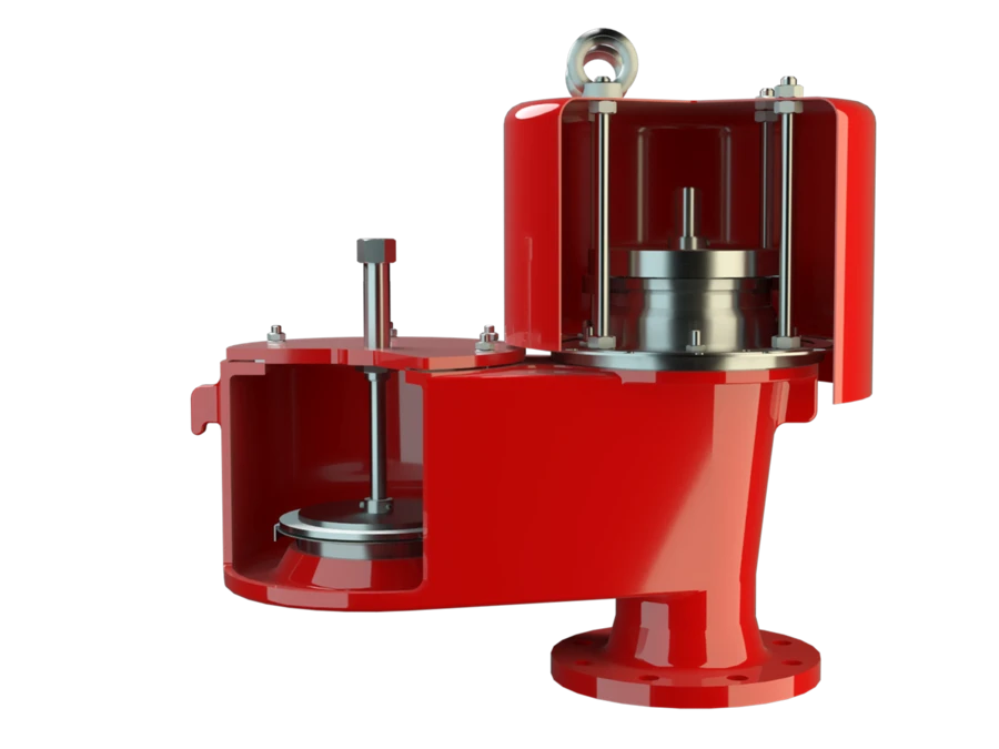 Cutaway 3D render of a red industrial valve assembly showing internal chambers and a piston-like mechanism on a black background.