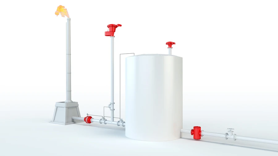 A 3D rendering shows a large white storage tank connected by piping to a flare stack with a flame, with red safety devices installed on vents and the pipeline.