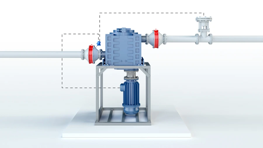 Une image de synthèse en 3D montre un ventilateur ou un compresseur industriel bleu monté sur un châssis métallique et relié à des tuyauteries, avec des appareils de sécurité en ligne de couleur rouge de chaque côté et des encadrés en pointillés indiquant les sections surveillées.