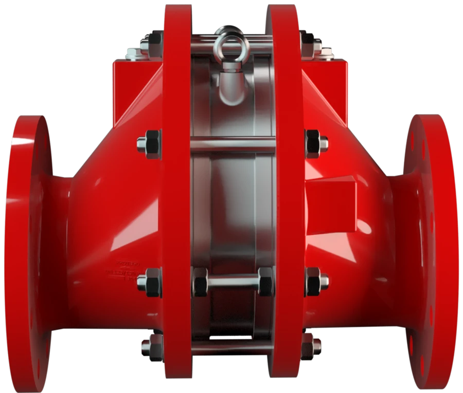 Close-up 3D render of a red flanged inline industrial device with a metallic central housing and multiple bolts, shown on a black background.