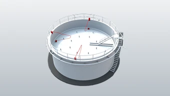 Rendu 3D d'un réservoir de stockage circulaire à toit ouvert, muni d'une passerelle et d'un garde-corps, sur lequel des flèches rouges indiquent les voies d'écoulement internes ou les points de circulation.
