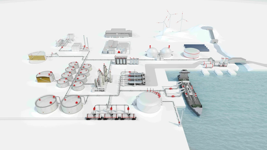 An industrial facility layout including storage tanks, processing units, wind turbines, and a docked ship by the sea.