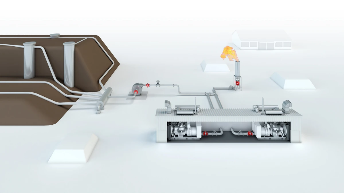 Anlage für eine Mülldeponie und eine Kläranlage mit verschiedenen Behältern und PROTEGO®-Sicherheitsarmaturen.