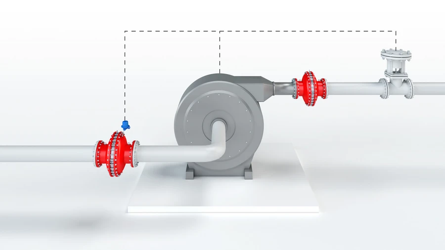 Une image de synthèse en 3D montre un ventilateur industriel raccordé à une tuyauterie, avec des appareils de sécurité intégrés de couleur rouge de chaque côté et des lignes pointillées indiquant les connexions de surveillance ou de commande.