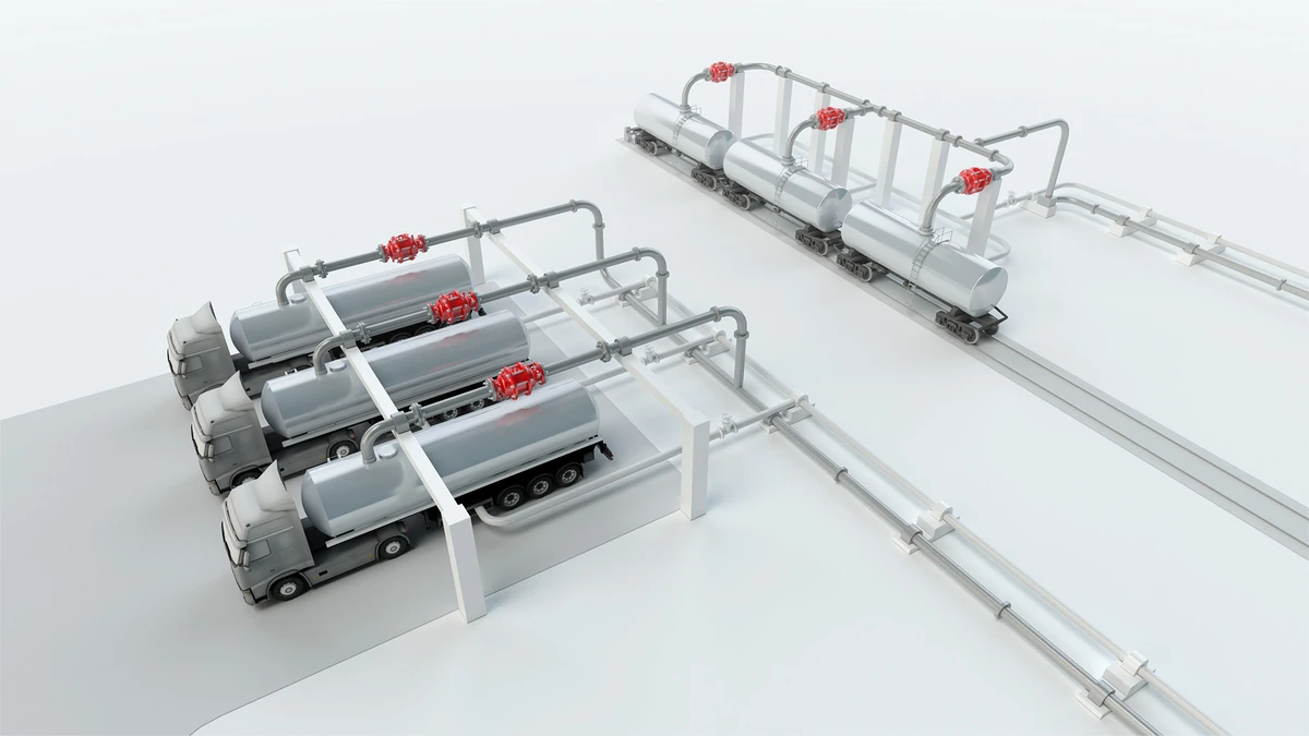 Diagram showing vapor return lines and protection for loading systems, featuring trucks and rail cars equipped with PROTEGO® devices.