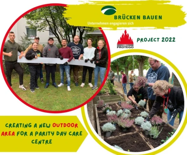 Uma colagem em estilo cartaz intitulada “Brücken bauen” e “PROTEGO Project 2022” mostra voluntários segurando uma tábua longa e plantando flores para criar uma nova área ao ar livre para uma creche.