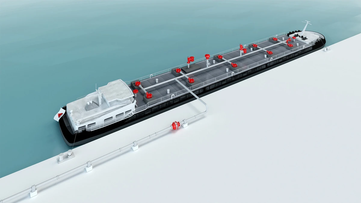 Diagram of an inland waterway vessel with PROTEGO® devices showing operational systems and equipment at a docking station.