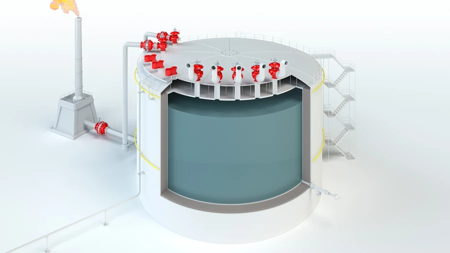 Representación 3D en corte de un gran depósito cilíndrico de almacenamiento lleno de líquido, en la que se aprecian varias válvulas de seguridad rojas en la parte superior conectadas a una antorcha de combustión.