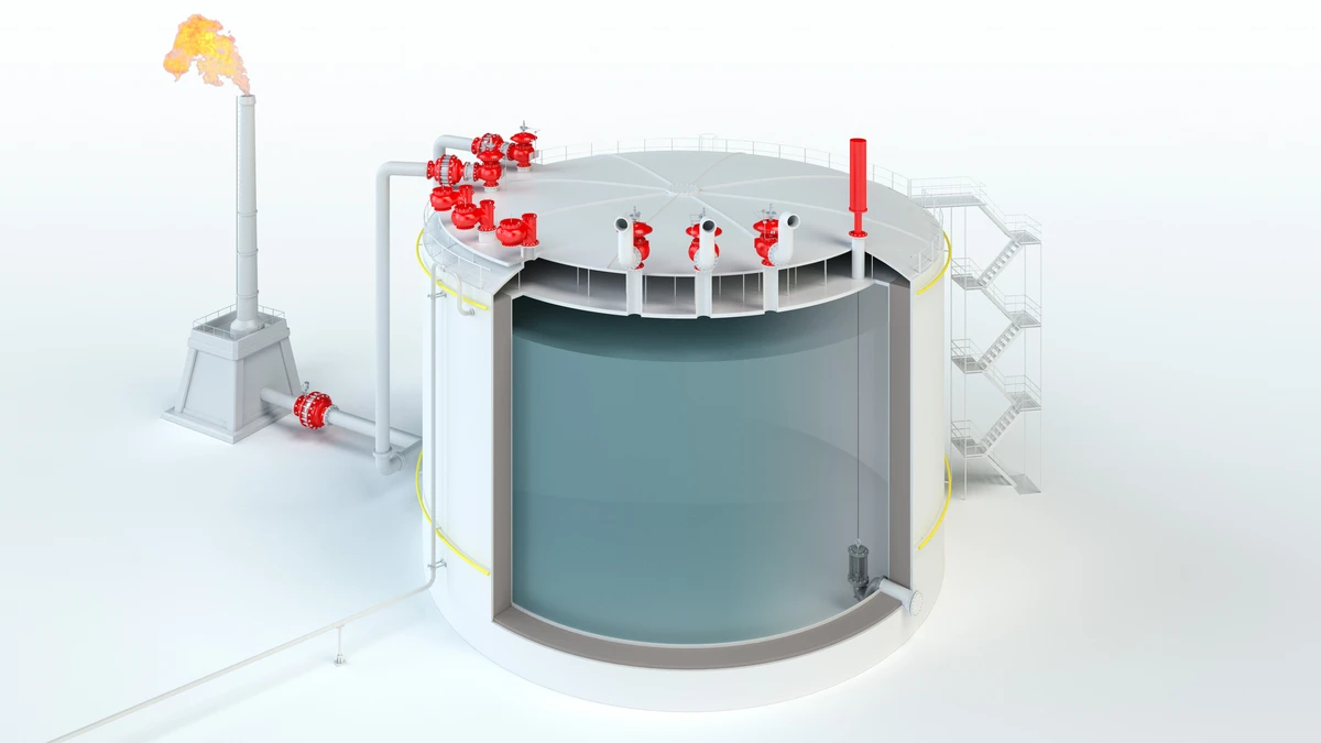 Diagram of an ammonia storage tank with integrated hydrogen transport systems, showcasing PROTEGO® devices.