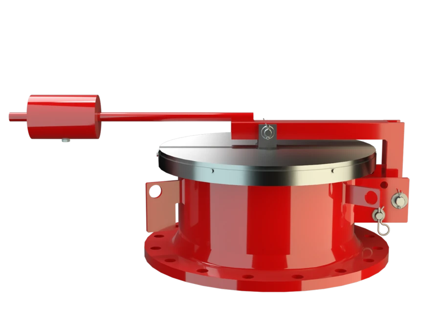 A red industrial valve cover with a silver lid and a side-mounted lever mechanism, shown as a 3D render on a black background.