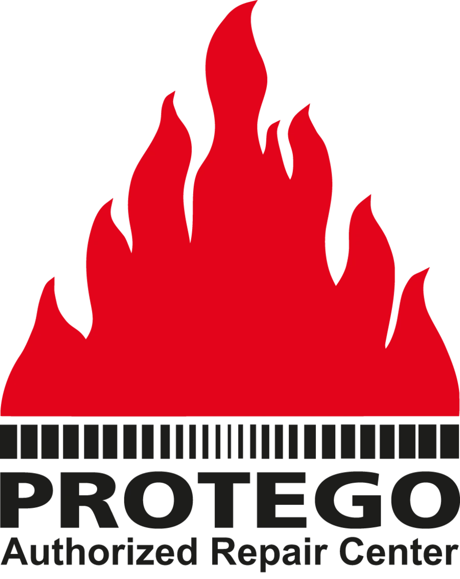 PROTEGO “Authorized Repair Center” logo featuring a large red flame above the word “PROTEGO” in bold black text.