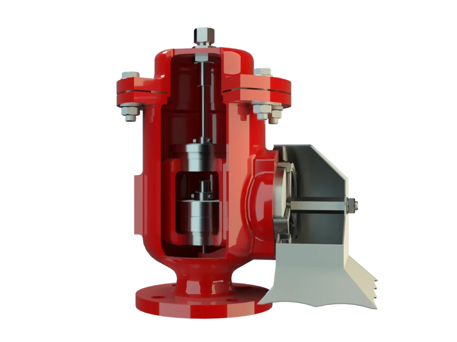 Cutaway 3D render of a red industrial valve showing internal components inside the housing, with a gray side-mounted actuator on a black background.