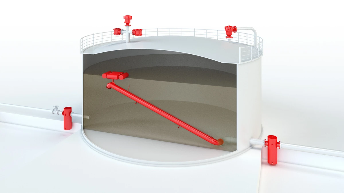 Fixed roof storage tank equipped with PROTEGO® safety devices and internal piping.
