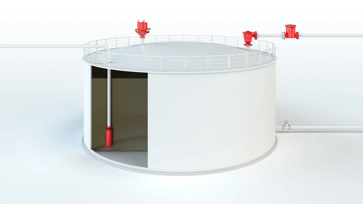 Diagram showing vapor return lines and protection mechanisms for a storage tank, highlighting PROTEGO® devices and key systems.