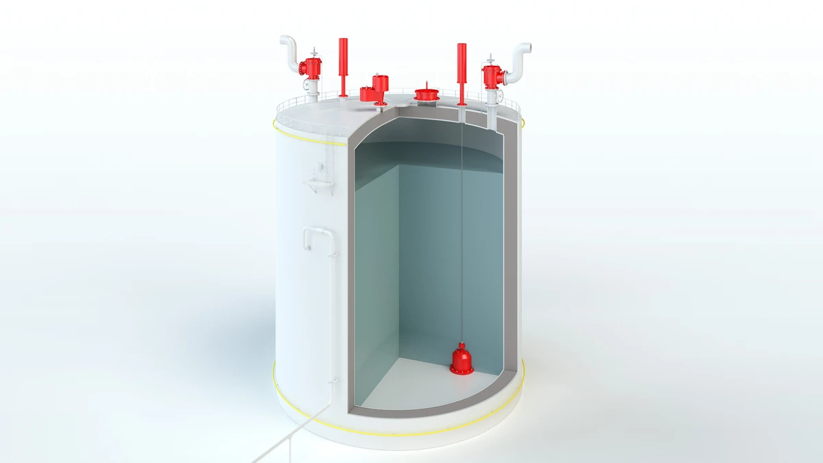 Refrigerated and cryogenic LIN, LOX, LAR storage tank equipped with various PROTEGO® safety devices.