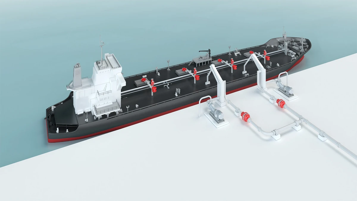 Diagrama ilustrando os sistemas de navios-tanque de petróleo e produtos químicos equipados com equipamentos PROTEGO® em uma estação portuária.