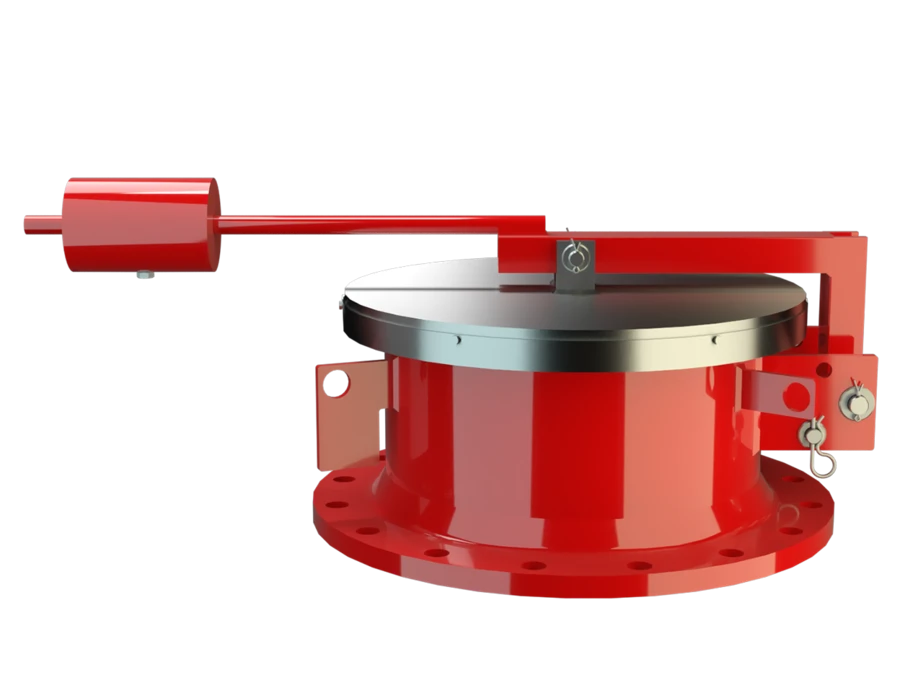 Eine rote Ventilabdeckung im Industriestil mit silbernem Deckel und seitlich angebrachtem Hebelmechanismus, dargestellt als 3D-Rendering vor schwarzem Hintergrund.
