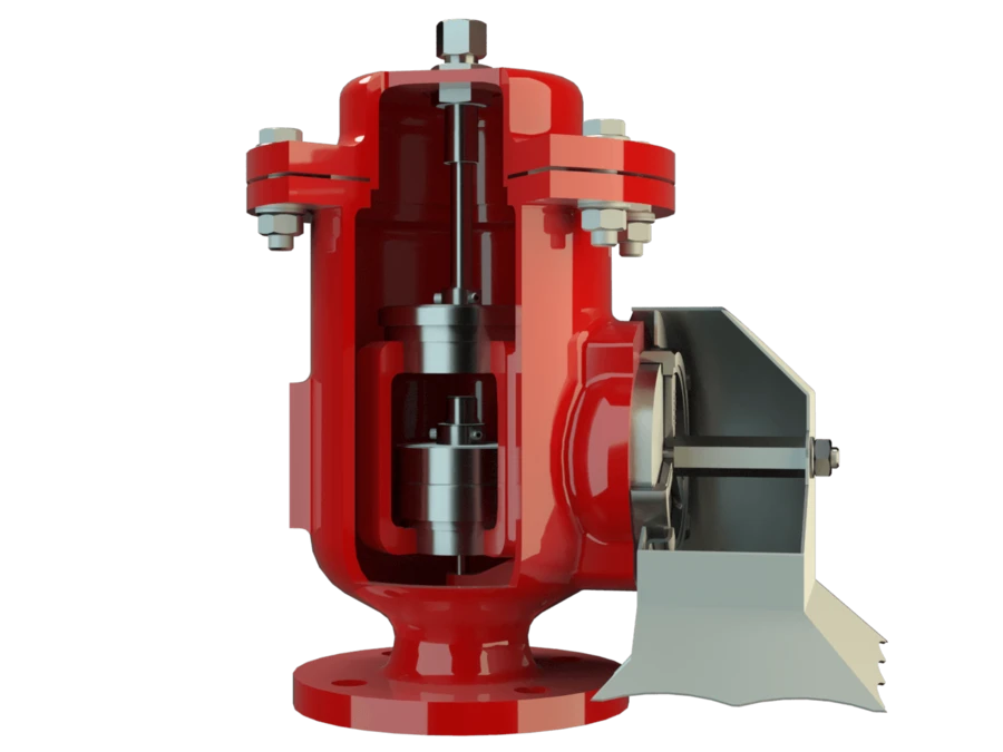 3D-Rendering eines roten Industrieventils im Schnitt, das die inneren Komponenten im Gehäuse zeigt, mit einem grauen, seitlich angebrachten Stellantrieb vor schwarzem Hintergrund.