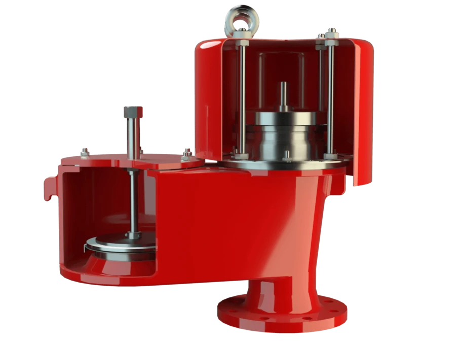 3D-Schnittdarstellung einer roten Industrieventilbaugruppe, die die inneren Kammern und einen kolbenartigen Mechanismus vor schwarzem Hintergrund zeigt.