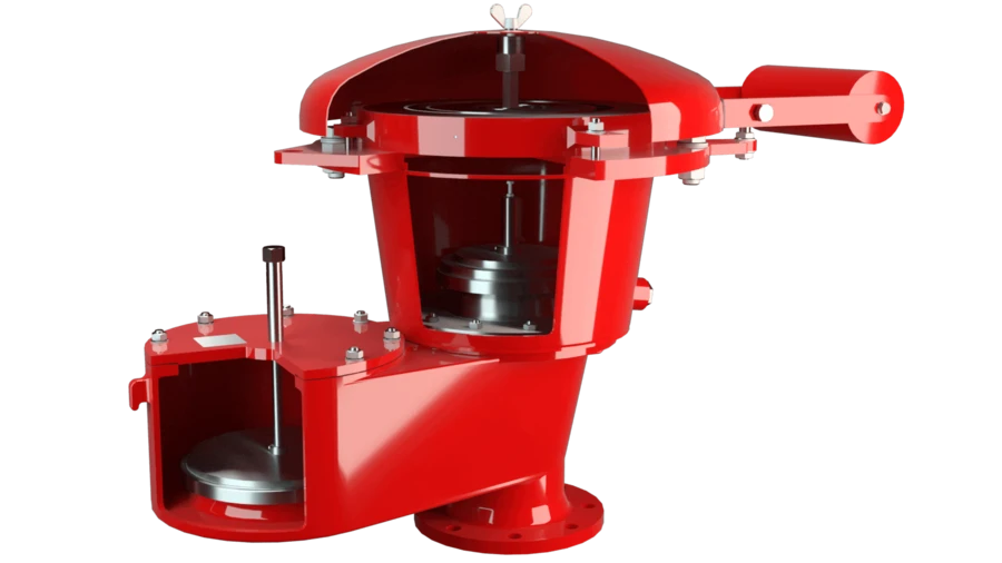 Red combination flame arrester and vent valve in cutaway view, showing the internal housing and safety components.