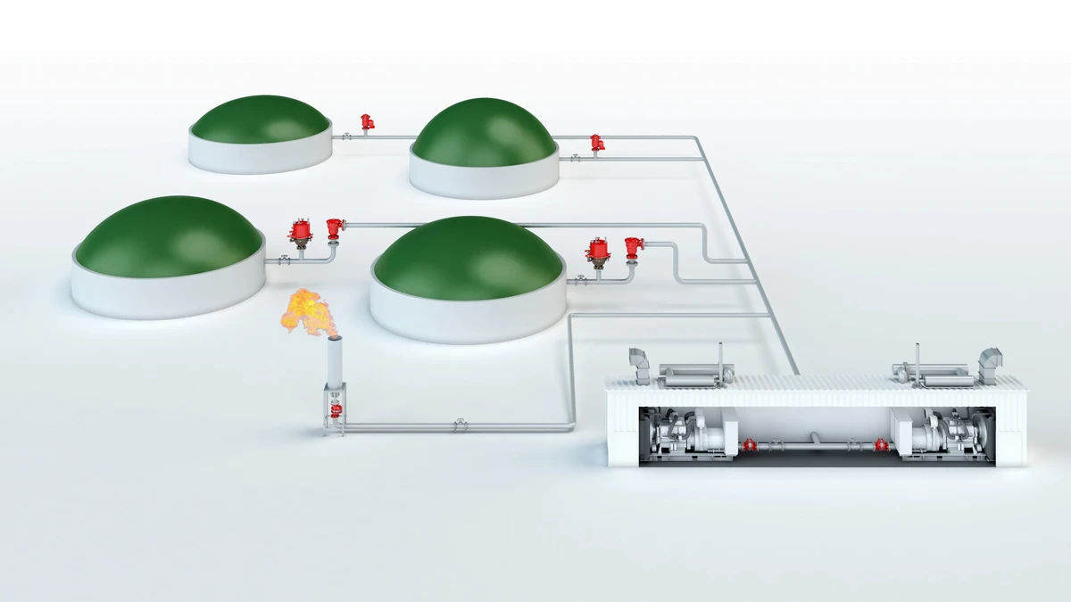 Diagram of a biogas plant, showing various components and PROTEGO® devices integrated within the system.