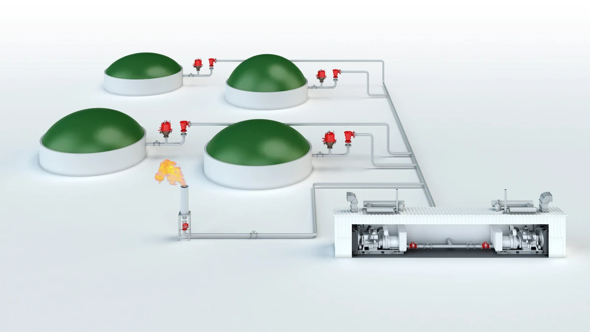 Esquema de una planta de biogás, en el que se muestran los distintos componentes y los equipos PROTEGO® integrados en el sistema.