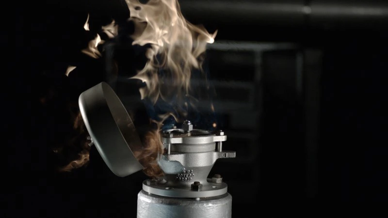 Close-up of an industrial flame arrester or valve with flames rising from the top during a controlled fire or ignition test in a dark setting.