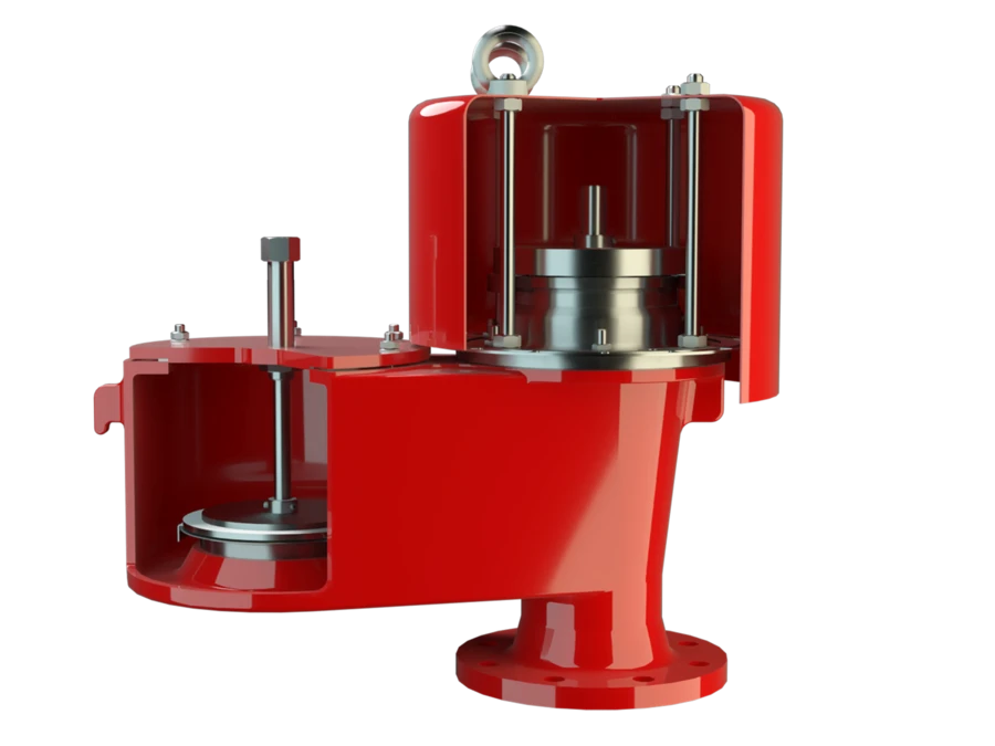 3D-Schnittdarstellung einer roten Industrieventilbaugruppe, die die inneren Kammern und einen kolbenartigen Mechanismus vor schwarzem Hintergrund zeigt.