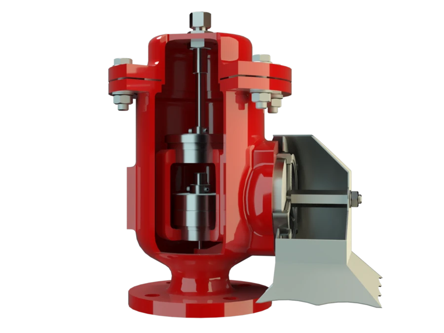 3D-Rendering eines roten Industrieventils im Schnitt, das die inneren Komponenten im Gehäuse zeigt, mit einem grauen, seitlich angebrachten Stellantrieb vor schwarzem Hintergrund.
