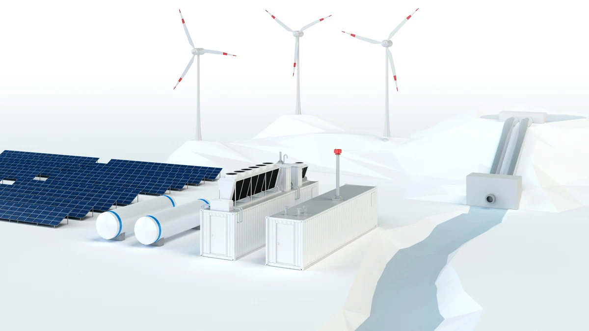 Eine 3D-Darstellung eines Energieparks mit Solarmodulen, Containereinheiten, Windkraftanlagen und einer dammenartigen Struktur, die durch einen Kanal miteinander verbunden sind.