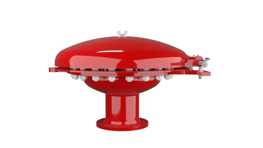 Ein rotes, kuppelförmiges Industrie-Entlüftungsventil auf einem kurzen Sockel mit verschraubtem Rand und seitlichem Gestänge, dargestellt als 3D-Rendering vor schwarzem Hintergrund.