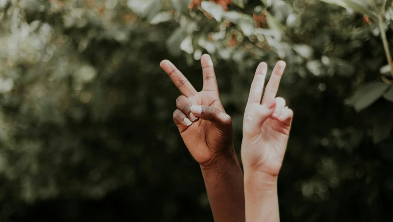 Zwei erhobene Hände unterschiedlicher Hautfarbe formen Peace-Zeichen vor einem verschwommenen, grünen, blättrigen Hintergrund.
